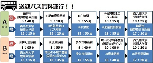 Aコース:嬉野市嬉野総合支所前8:40発→JR肥前鹿島駅前9:10発→JR牛津駅9:55発→JR佐賀駅北口バス停前10:15発→短期大学部10:25着 Bコース:JR伊万里駅前8:05発→JR唐津駅前8:55発→多久市役所前9:40発→増田の小城羊羹前10:00発→短期大学部10:20着